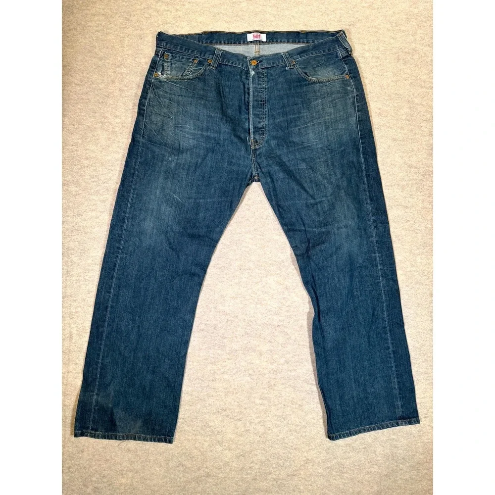 Levis 501 Original Jeans Men 42x30 Blue Whiskering Denim Button Fly Straight Leg